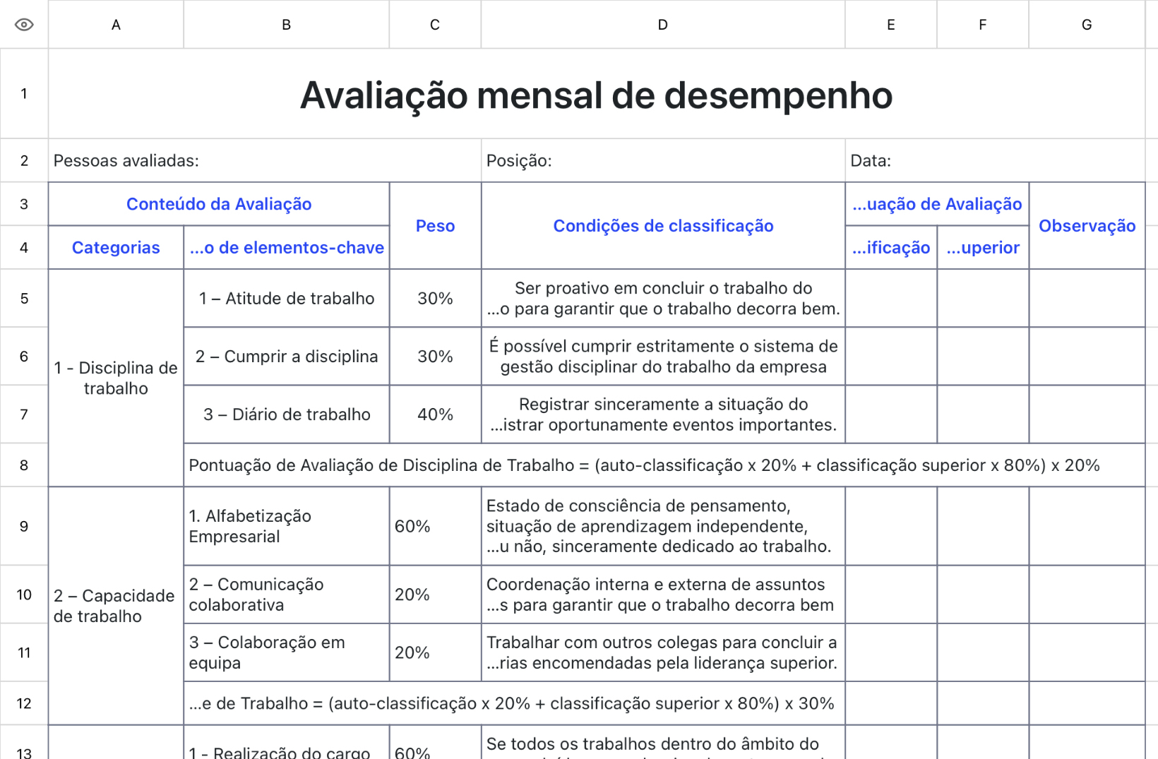 Avaliação mensal de desempenho